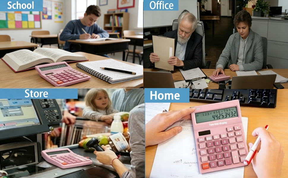 Calculators Desktop, Desk Calculator with Large 2 Line Display, Basic Calculator with Big Button, 4 Function Calculator for Business, Students, Office Supplies (Pink)