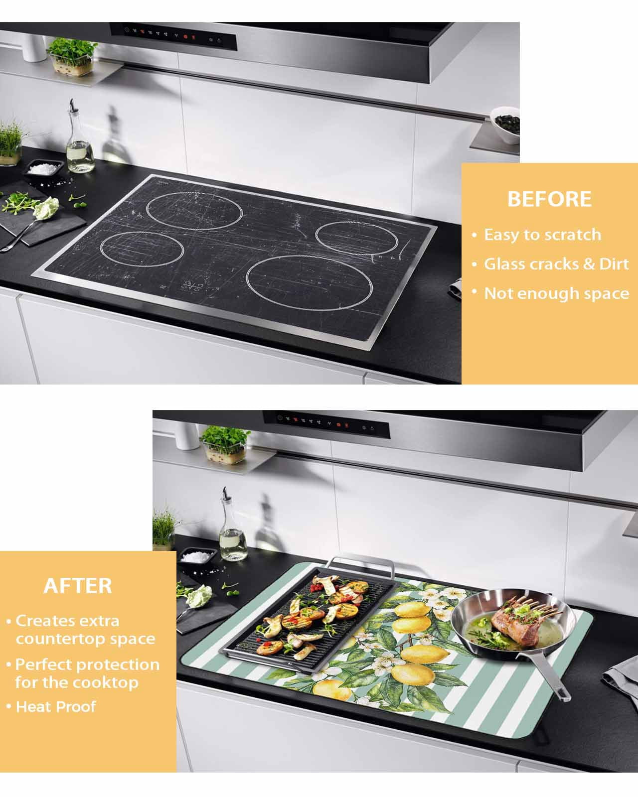 nqOlkjepod Large Induction Cooktop Protector Mat 28.5"x20.5", Aqua Stripes Lemon Stove Top Covers for Electric Stove, Spring Botanical Plant Vertical Line Stove Burner Cover Mats Stove Cover