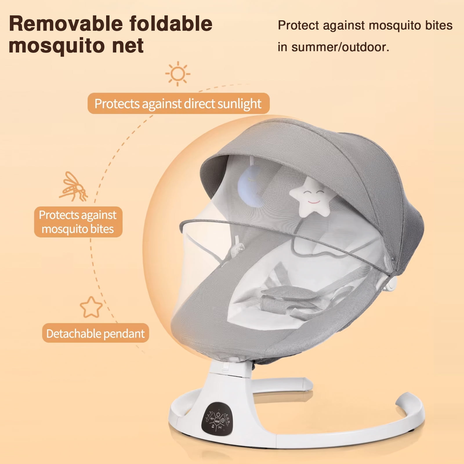 HAOUUCYIN Baby Swing, Infants Rocker with 5 Swing Speeds, 3 Seat Positions, bluetooth Music, Gray