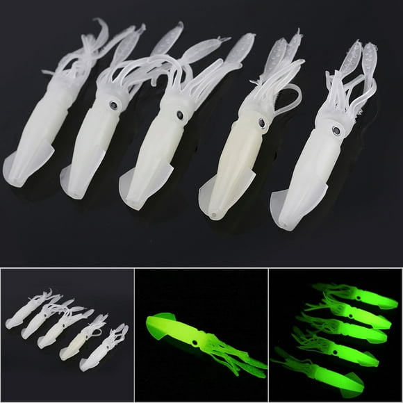 Fishing Squid Skirts Glow Lures,  5Pcs Plastic Glow In Dark Luminous Squid Lures Bait Fishing Trolling Tackle For Bass Salmon Trout