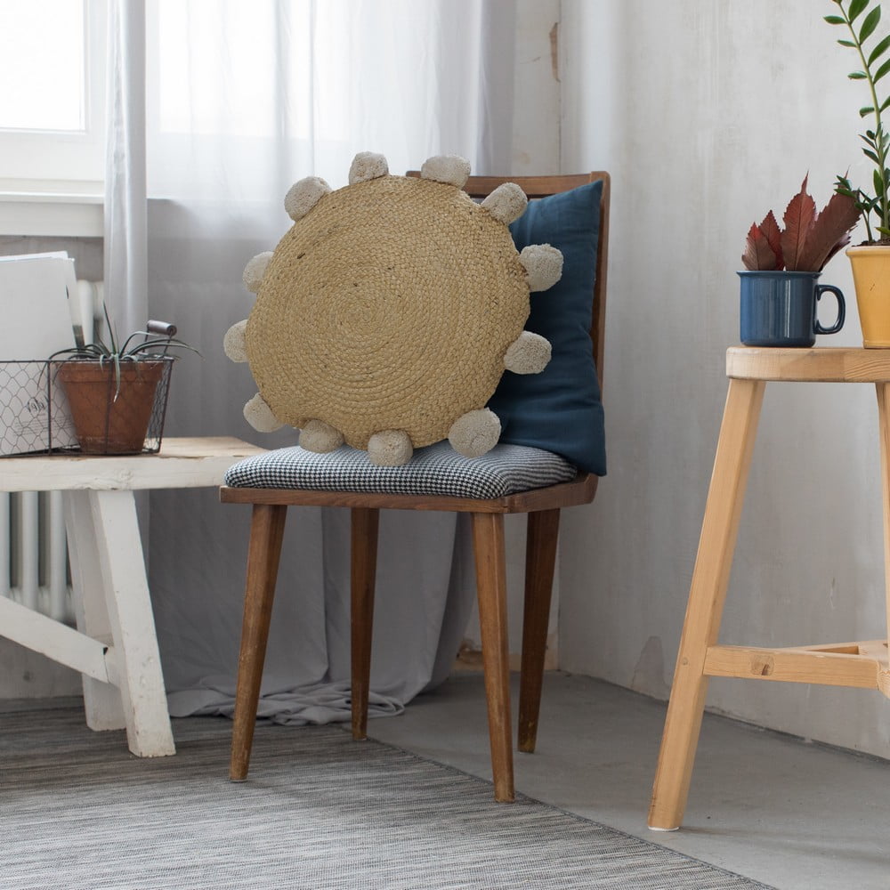 Ox Bay Quade 20" x 20" Natural Solid Jute Pom Pom Bordered Round Adult Decorative Throw Pillow Cover