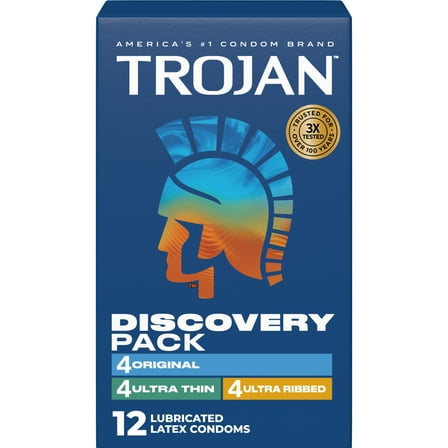 Trojan Discovery Pack, Assorted Latex Lubricated Condoms for Men, Original, Ultra Thin & Ultra Ribbed Varieties, 12 Count
