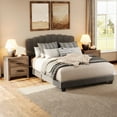 thumbnail image 2 of WAMPAT Queen Size Platform Bed Frame with 2 End Tables, Upholstered Platform Bed & Set of 2 Nightstands for Bedroom, Gray and Brown, 2 of 7