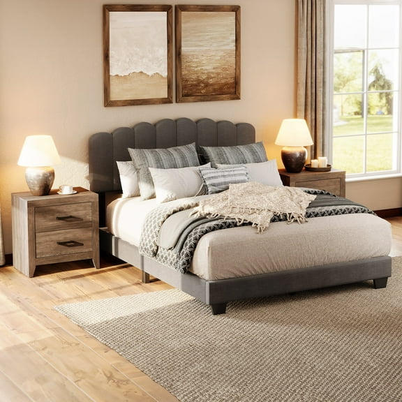 WAMPAT 3 Piece Farmhouse Bedroom Set, Queen Size Bedroom Set Include Wood Bed Frame with Adjustable Headboard, Set of 2 Modern Nightstand with 4 Drawers