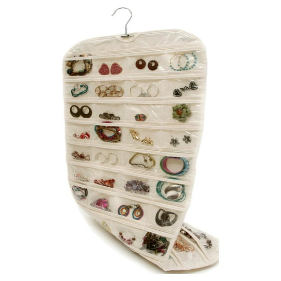 80 Pocket Hanging Jewelry Organizer Hanging Bag Double-Sided Beige Non-woven Jewelry Card Storage