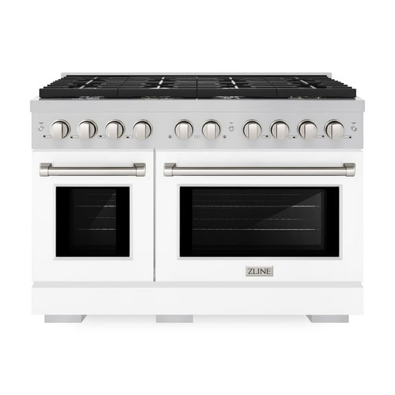 ZLINE 48 in. 6.7 cu. ft. Paramount Double Oven Gas Range with 8 Burner Cooktop in Stainless Steel with White Matte Doors (SGR-WM-48)