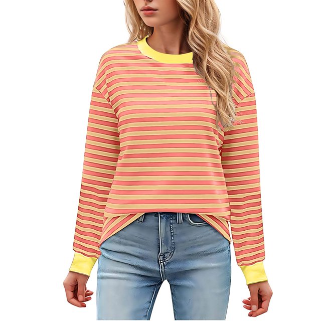 TSADFHJI Hauts Femmes Manches Courtes T-Shirt Décontracté Manches Longues Patchwork Rayé Imprimé TG Orange