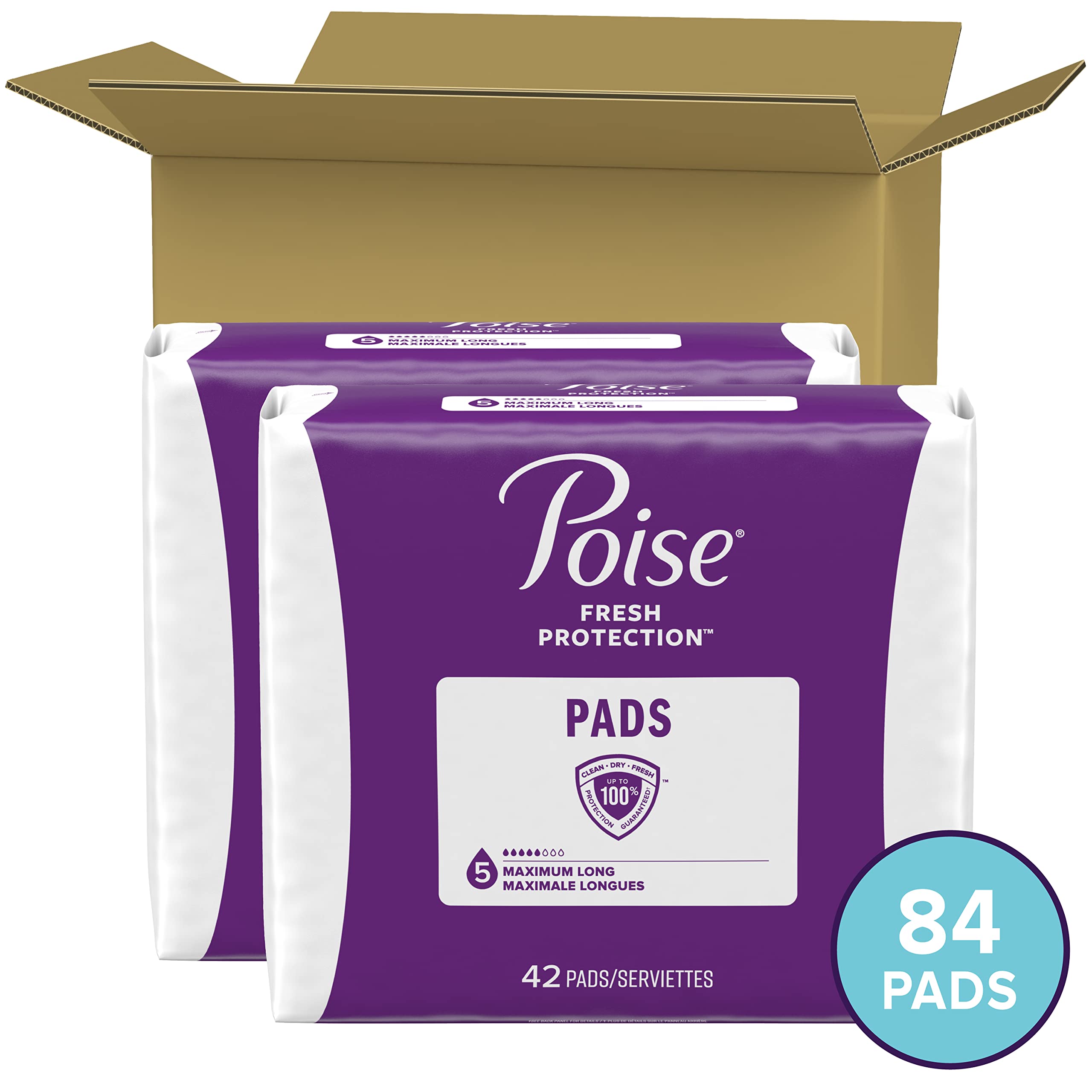 Poise Incontinence Pads & Postpartum Incontinence Pads, 5 Drop Maximum Absorbency, Long Length, 84 Count (2 Packs of 42), Packaging May Vary