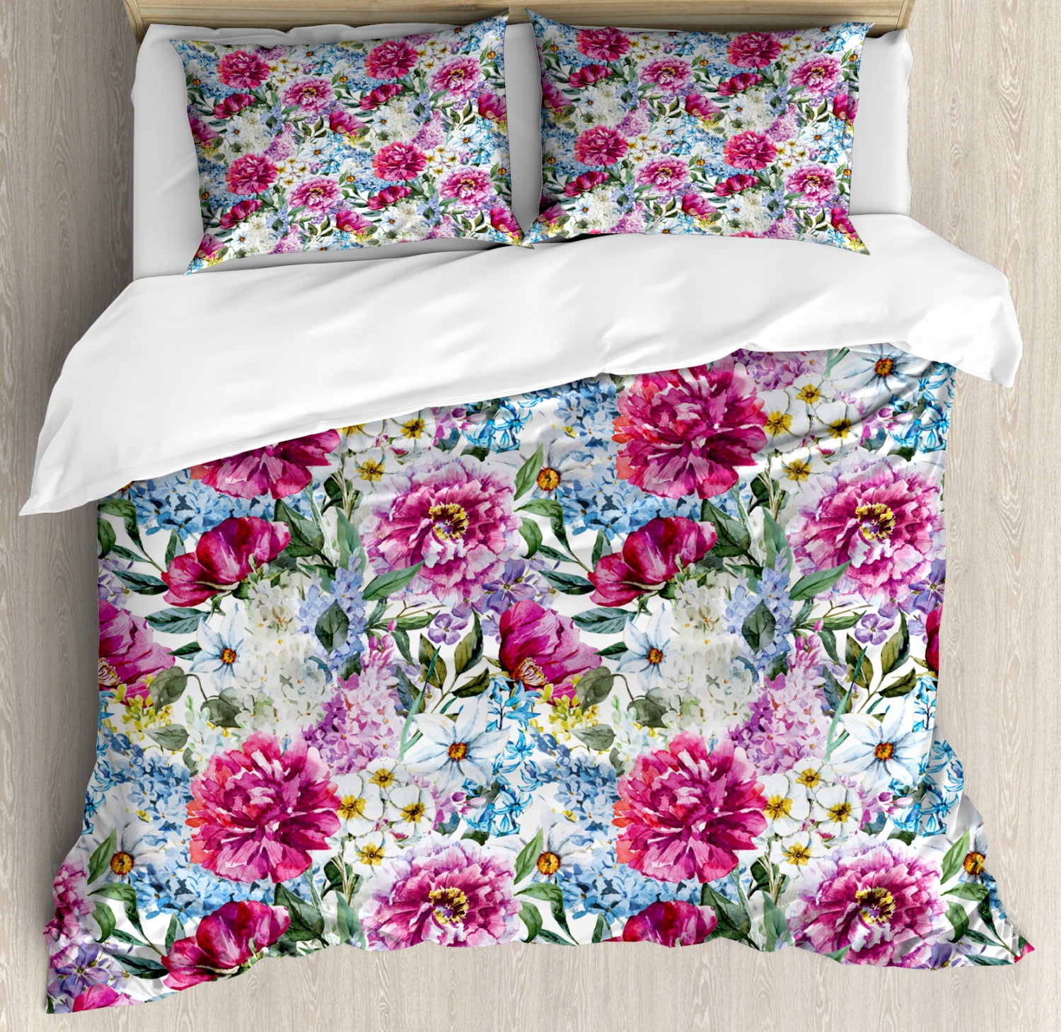 Floral Duvet Cover Set Queen Size, Colorful Watercolor Look Motley ...