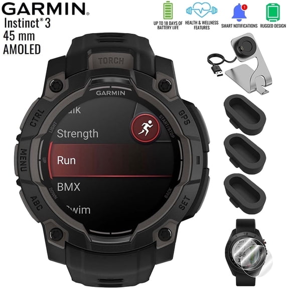 Garmin 010-02936-00 Instinct 3 - 45 mm Outdoor GPS Smartwatch AMOLED Black with Black Band Bundle with Deco Essentials Charging Dock, Silicone Dust Cover 3 Pack and 2-Pack Screen Protector