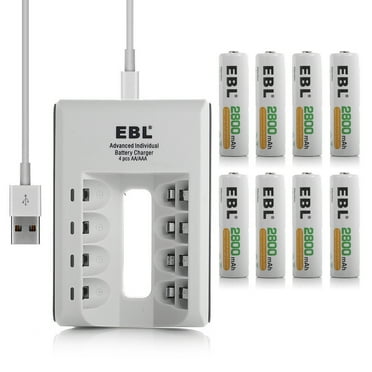 EBL 8 Pack 2800mAh AA Ni-Mh Rechargeable Batteries 1.2V with 4-Slot USB Battery Charger for AA AAA Rechargeable Battery