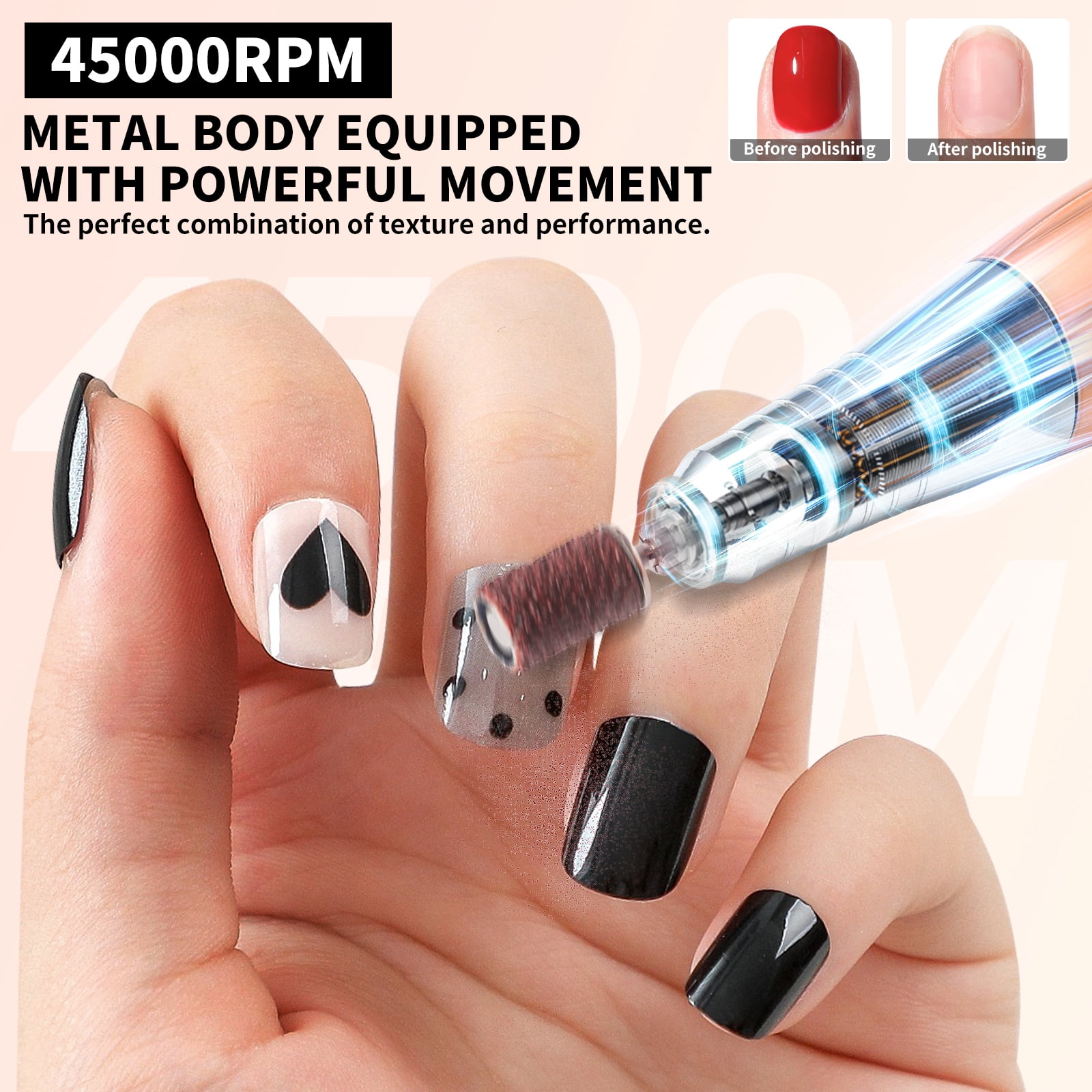 Nail Drill Professional, 45000RPM Electric Nail File for Acrylic & Gel Removal, 2-in-1 Desktop & Portable, LCD Display, Rechargeable, Quiet