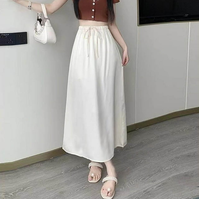 Karight Women Drawstring High Waist Maxi Long Skirt Flowy Summer Flared A Line Maxi Skirts Elastic Waisted Trendy Dress