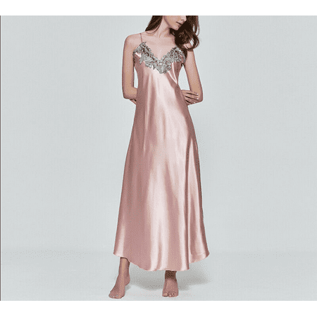 

LSFYSZD Women Satin Silk V Neck Pajama Long Nightdress Sleeveless Sleepwear