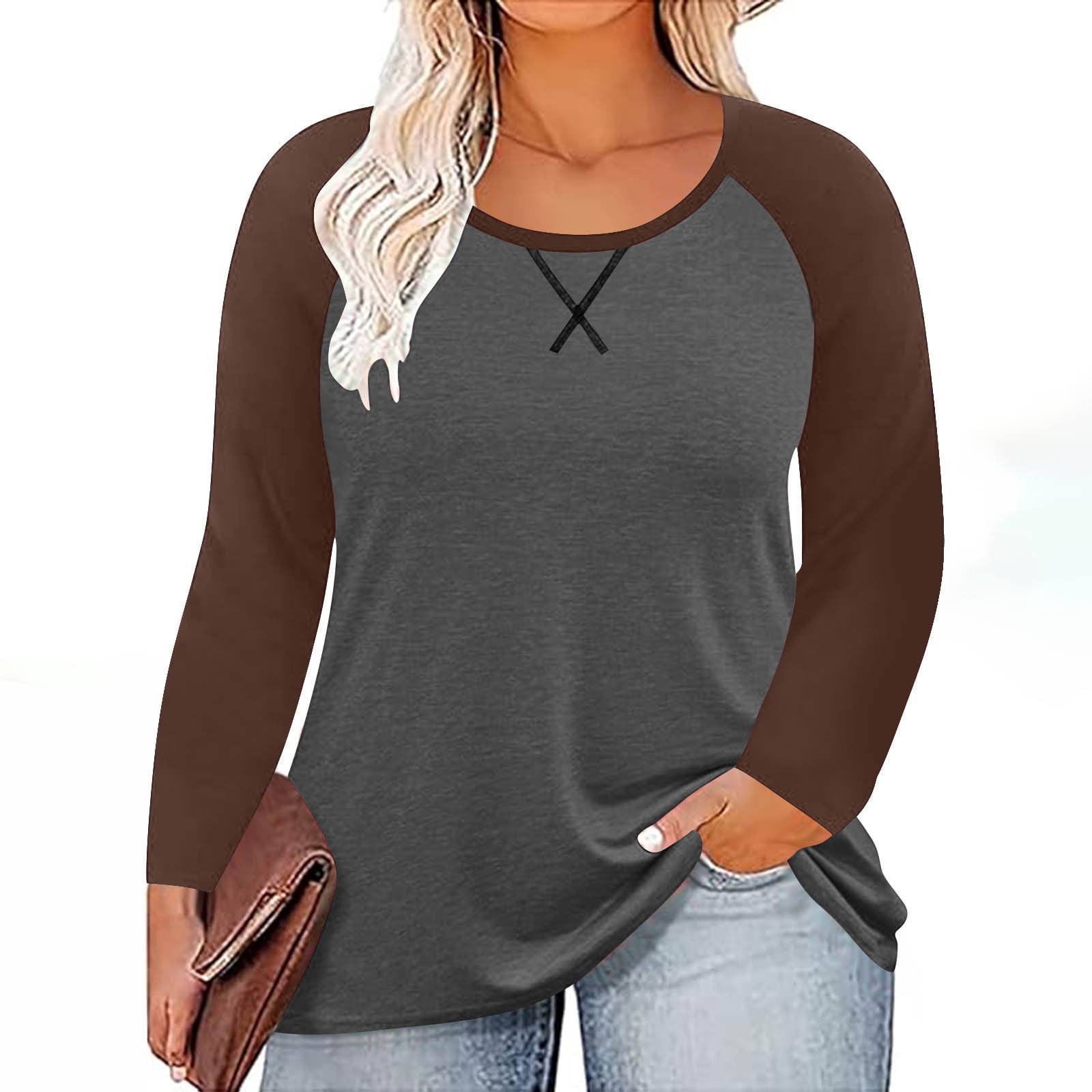 aohooy Womens Plus Size Long Sleeve Baseball Shirt Color Block Casual Loose Tees Tshirts Spring Round Neck Loose Fit Tunic Tops Brown,XXXXXL