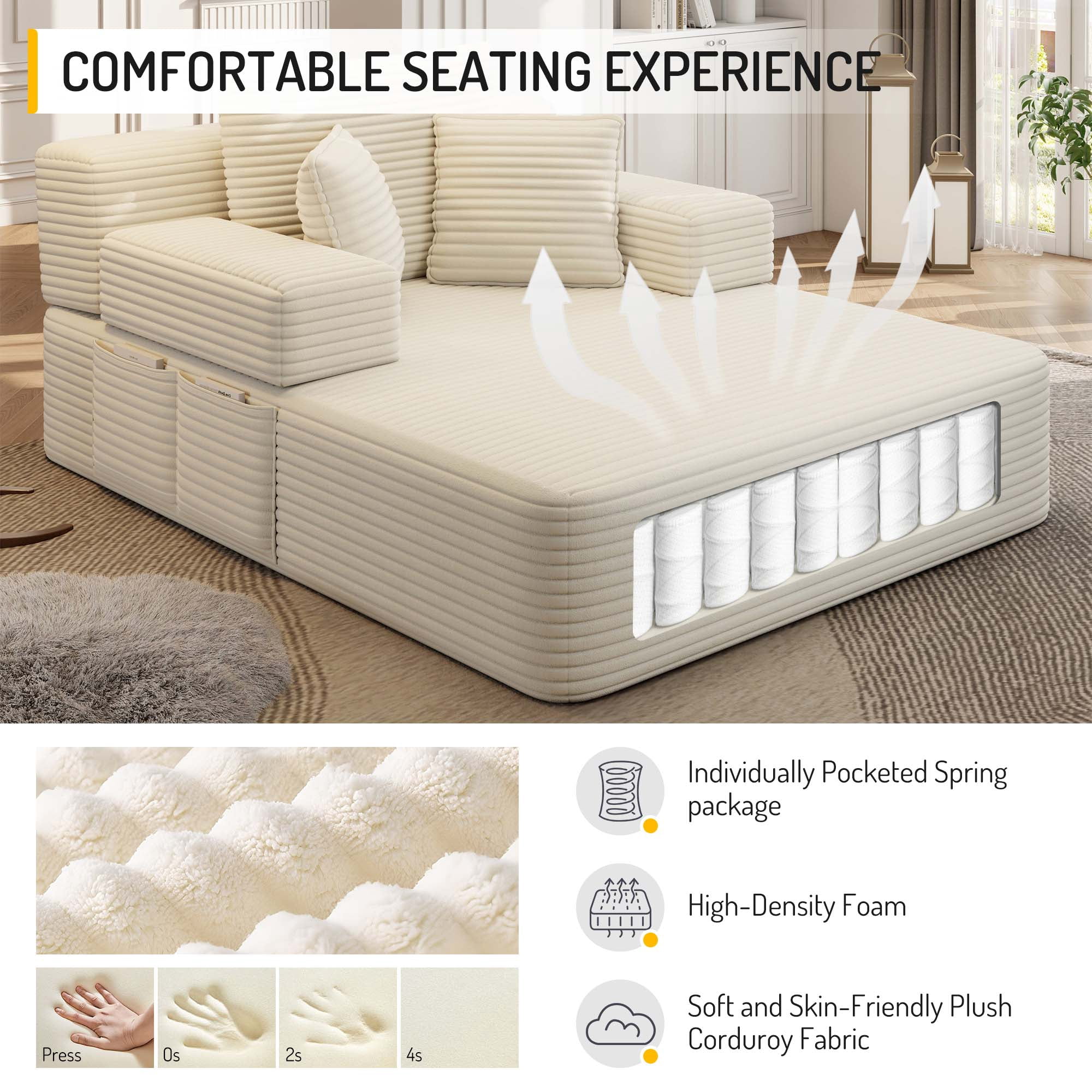 Miniyam 70" x 48.5" Corduroy Chaise Lounge Indoor with Side Pockets & 3 Pillows for Small Spaces, Compression Sofa, Beige