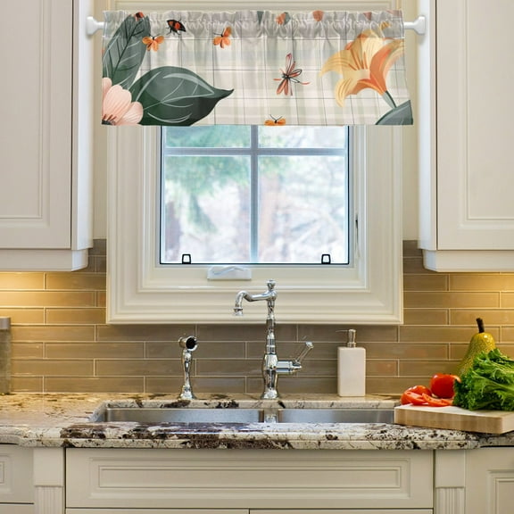Flowers and Butterflies Curtain Valances Farmhouse Design Window Treatment Decor Blackout Rod Pocket for Windows Living Room Kitchen 54" x 18"