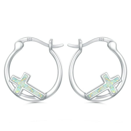 Coachuhhar Opal Cross Hoop Earrings for Women Girl 925 Sterling Silver Hypoallergenic Huggie Earrings Cartilage Earrings Opal Jewelry for Mother's Day