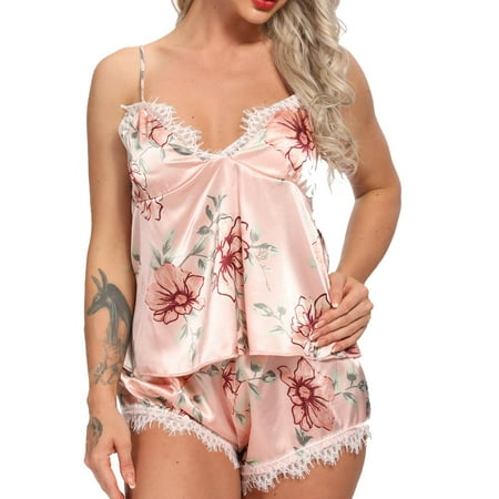 

Womens Pajama Sets Women Elegant Fashion Sexy Lace Print Lingerie Satin Underwear Pajama Suit