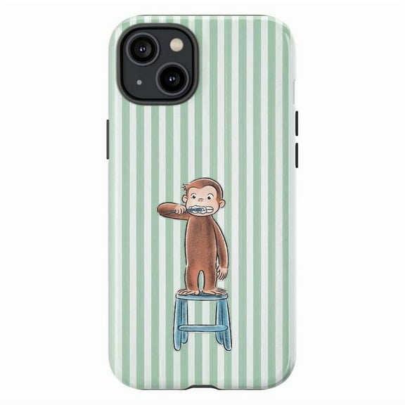 Curious Monkey Brushing Teeth Phone Case, Green Striped iPhone Cover, Protective Case for iPhone 17 16 15 14 13 12 11 Pro Plus Mini