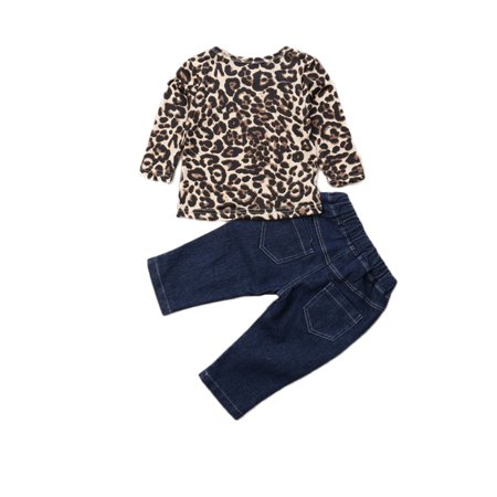 

Bmnmsl Kids Baby Girl Leopard Outfits Long Sleeve Tops+Ripped Denim Jeans Pants Clothes