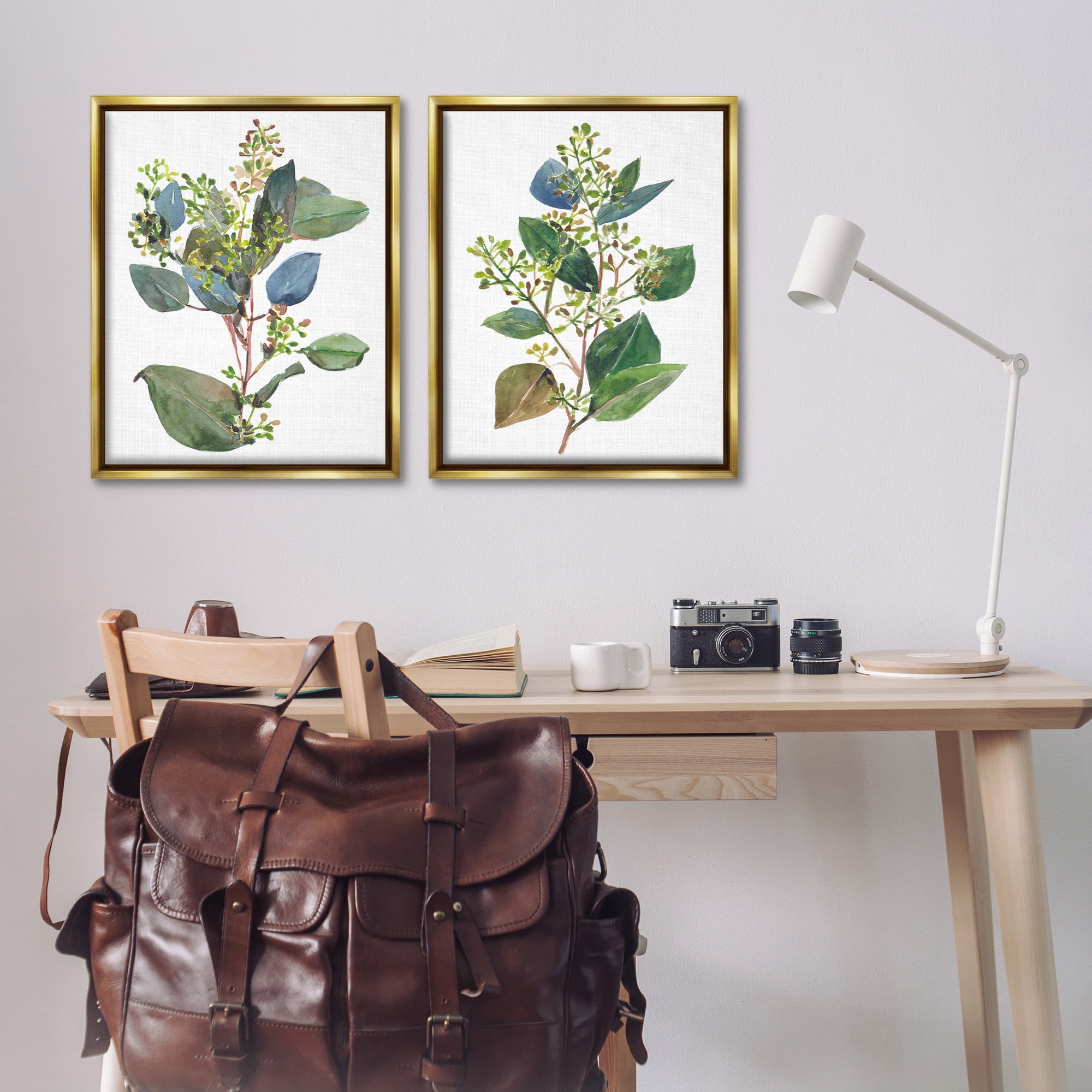 Stupell Industries Soft Eucalyptus Plant Ombre Leaves Botanical & Floral Painting Gold Floater Framed Canvas Art Print Wall Art, 25 x 31, Set of 2