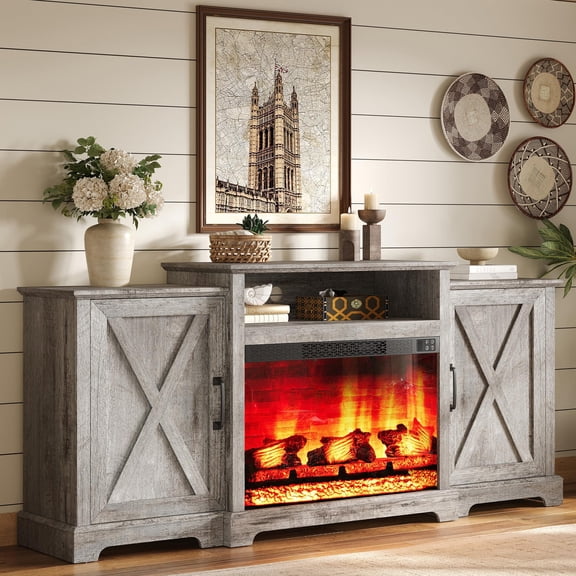 Merluxy 70" Farmhouse Fireplace TV Stand for TVs up to 80", Entertainment Center with 29" Electric Fireplace, with Adjustable Shelf, Light Grey