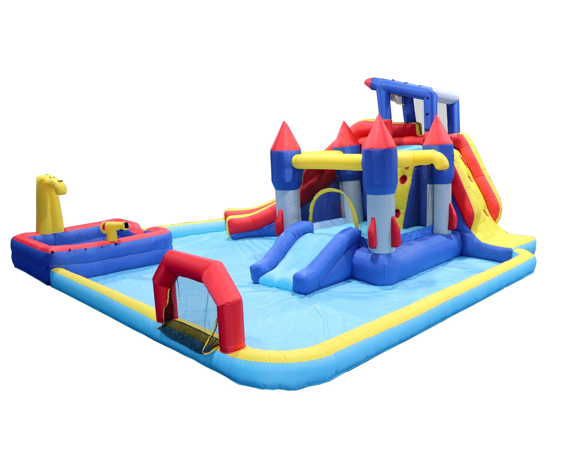 Aukfa Inflatable Water Slide Bounce House for Kids, Outdoor Water Park with Climbing Wall, Dual Splash Pools, Basketball, Water Gun, Soccer Goal & 650W Air Blower