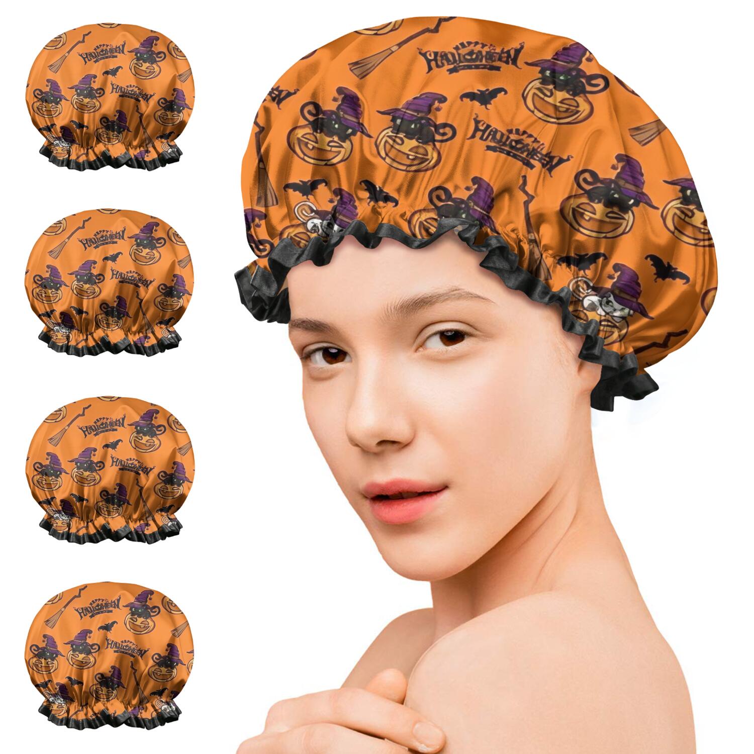 Shower Caps,Halloween Pumpkin Witches Pattern Waterproof Shower Cap for Women 4 Pieces,Double Reusable Hair Cover for Shower PEVA Elastic Stretch Hem