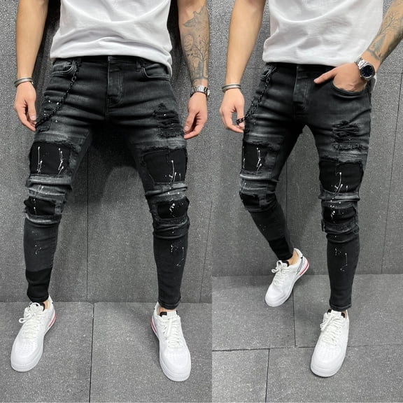 Jeans Men Comfort Flex Waist Relaxed Fit Jeans Casual Fitness Bodybuilding Pocket Full Length Sports Pants Denim Pants for Men Black 2XL