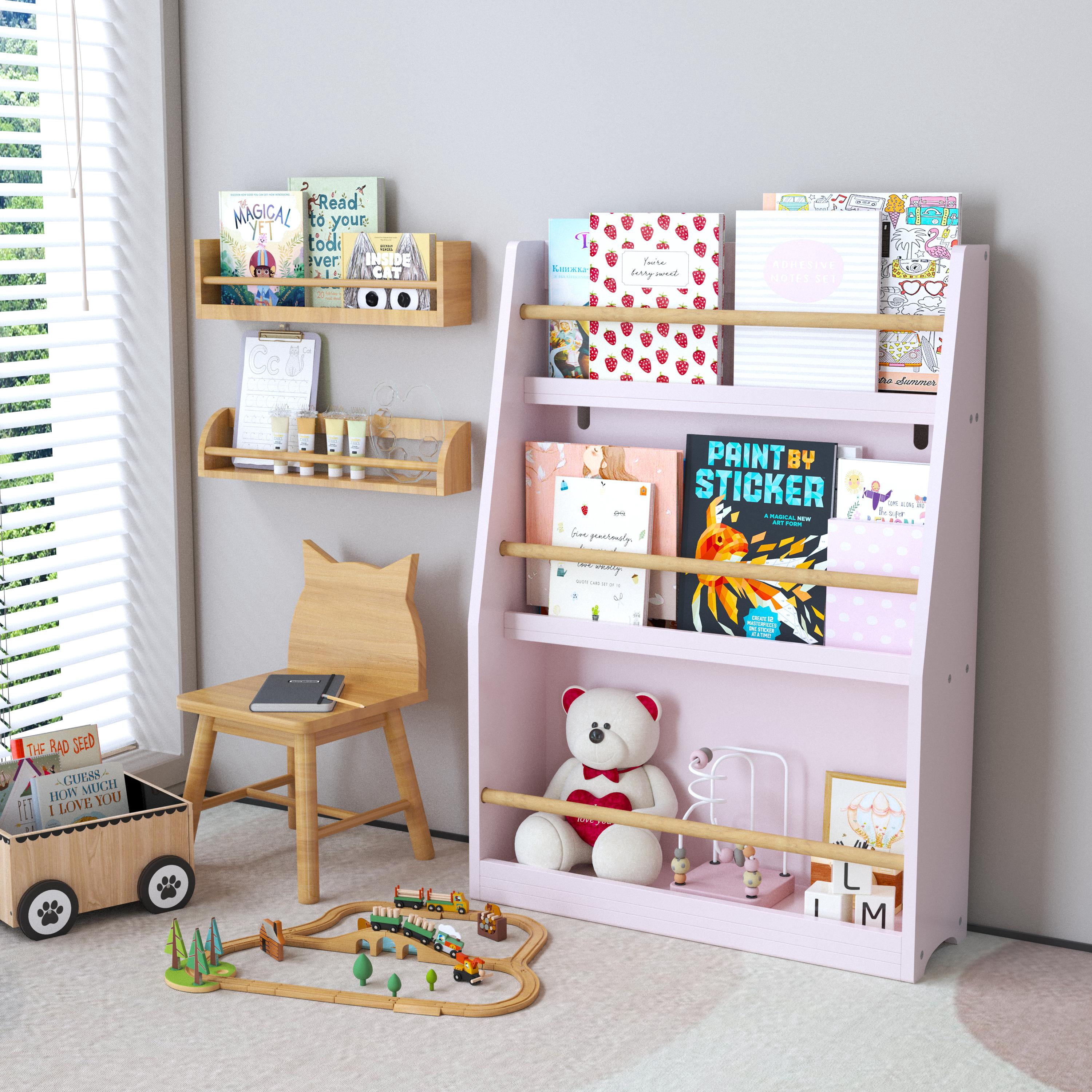 Yoneston Kids 3-Tier Bookcase with Wood Rails, Children's Standing Display Bookshelf for Playroom, Bedroom, Nursery, Pink