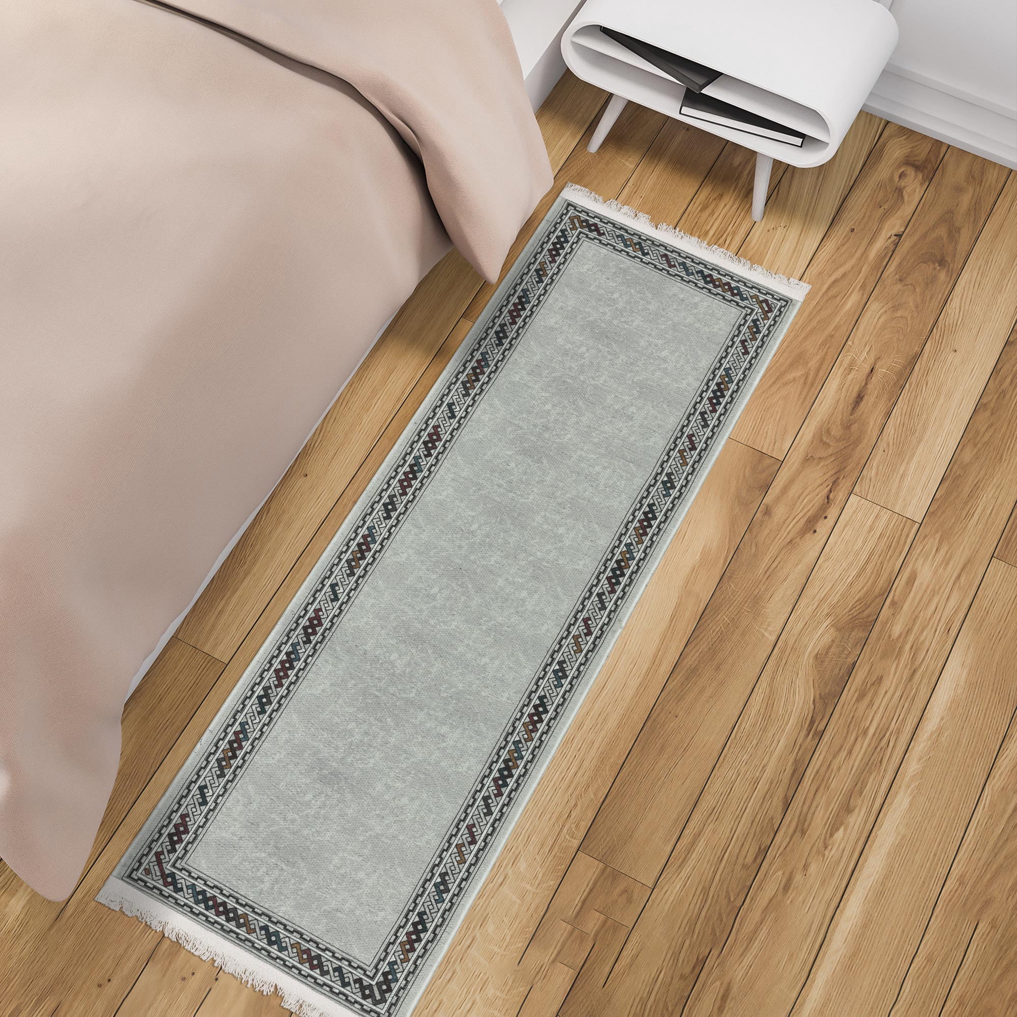 Ottomanson Machine Washable Cotton 2x5 Flatweave Runner Rug for Bedroom, 20" x 59", Light Gray/Multicolor Border