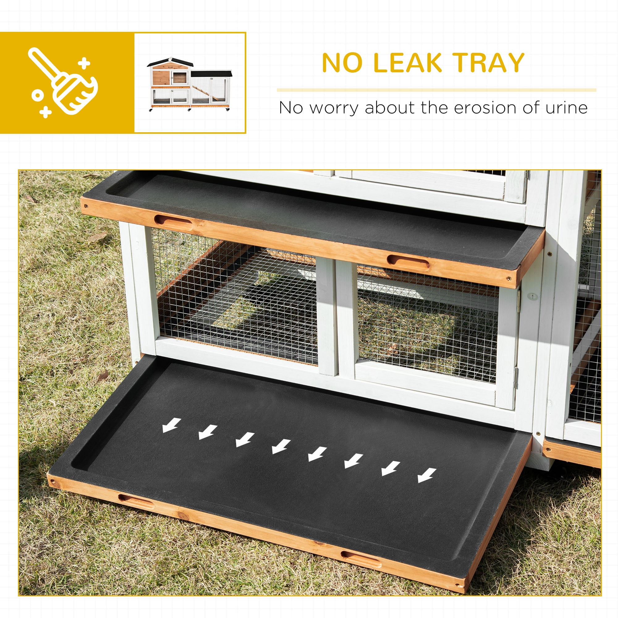 Noaman PawHut 62" Rabbit Hutch, Wooden Bunny Hutch with Wheels, Asphalt Roof, Removable Tray, Lockable Doors & Ramp, Guinea Pig Cage, Small Animal Enclosure for Outdoor/Indoor Use, Natural Wood