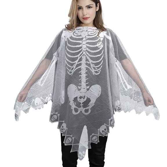 Deago Halloween Poncho White Lace Skeleton Poncho for Women, Day of The Dead Halloween Costume Cape 57 x 57 Inch