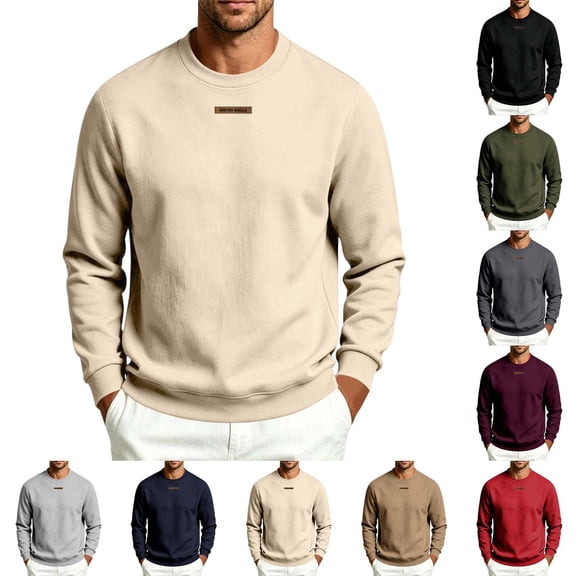 DYTTDG Men's Solid Crew Neck Long Sleeve Sweatshirt, Hoodless Loose Soft Casual Daily Warm Layering Pullover Top