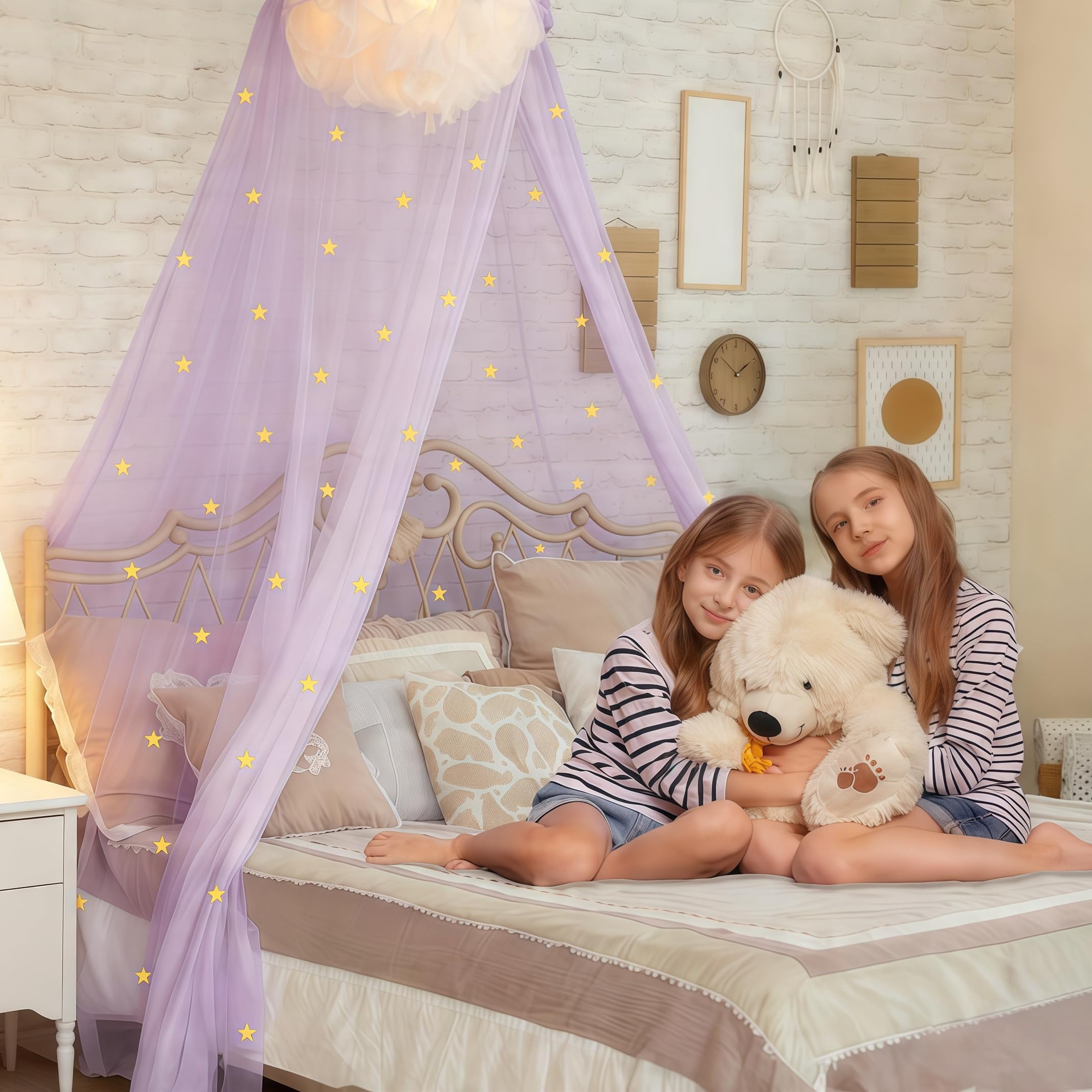 Girls Bed Canopy Mosquito Net Princess Canopy for Bedroom Decor Insect Protection Hanging Canopy Pink Glow in the Dark Stars