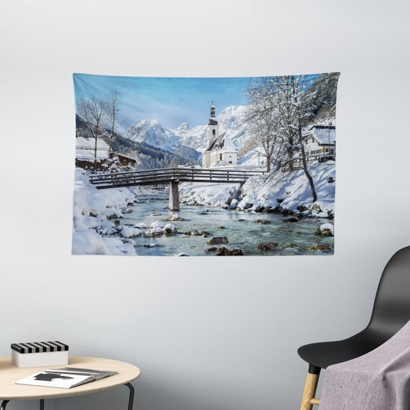 Winter Tapestry, Panoramic View of Scenic Landscape in Bavaria Parish Church of St. Sebastian, Wall Hanging for Bedroom Living Room Dorm Decor, 60W X 40L Inches, Blue Brown White, by Ambesonne