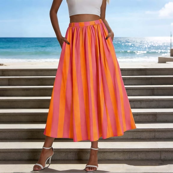WQNVRNR Womens High Waist Skirt- Flowing Elastic Waist A-Line Striped Ankle-Length Vacation Midi Skirt Hot Pink Size 2XL