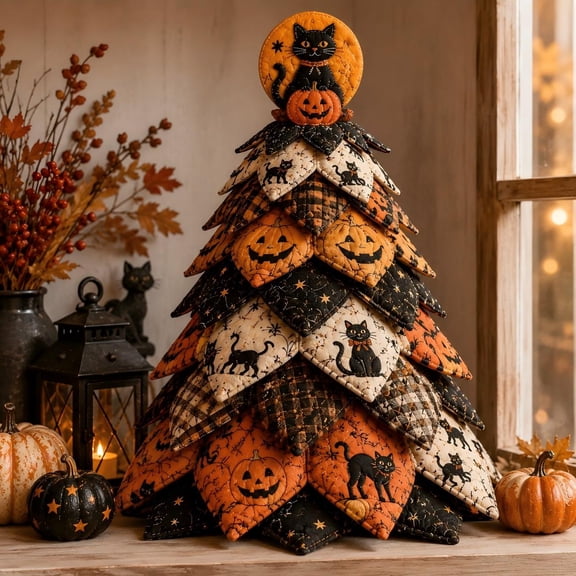 DIY Halloween Quilted Fabric Tree Kit 3D Patchwork Seasonal Décor Craft, Includes Materials & Instructions for Beginners, One Size