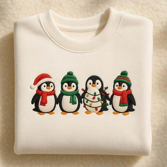 Embroidered Christmas Penguin Sweatshirt, Cute Penguin Holiday Shirt, Winter Penguin Crewneck, Xmas Light Penguin Embroidered Hoodie