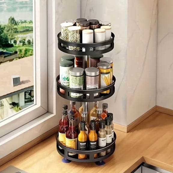 3-Tier Rotating Spice Rack , Multi-Compartment Countertop Organizer - Silver Christmas Kitchen Essential