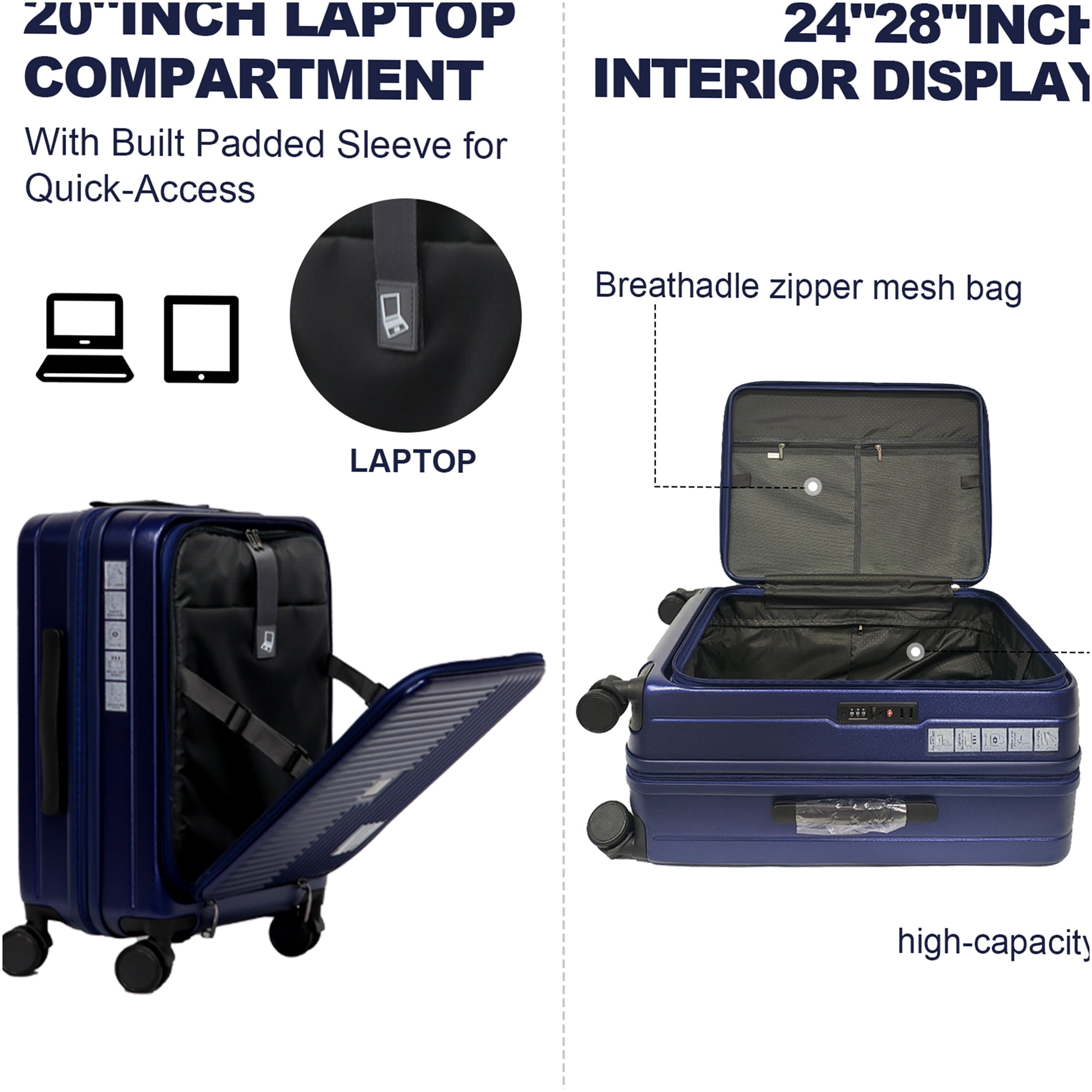 JERFIT 3-Piece Hardshell Luggage Set with TSA Lock, Front-Opening Design & Expandable Suitcases in Aqua Blue