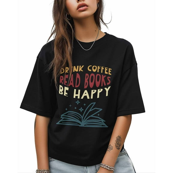Women's Graphic T-Shirt Black 3XL Women's Tops Drink Coffee Read Books Be Happy Crew Neck Short Sleeve Shirts for Women