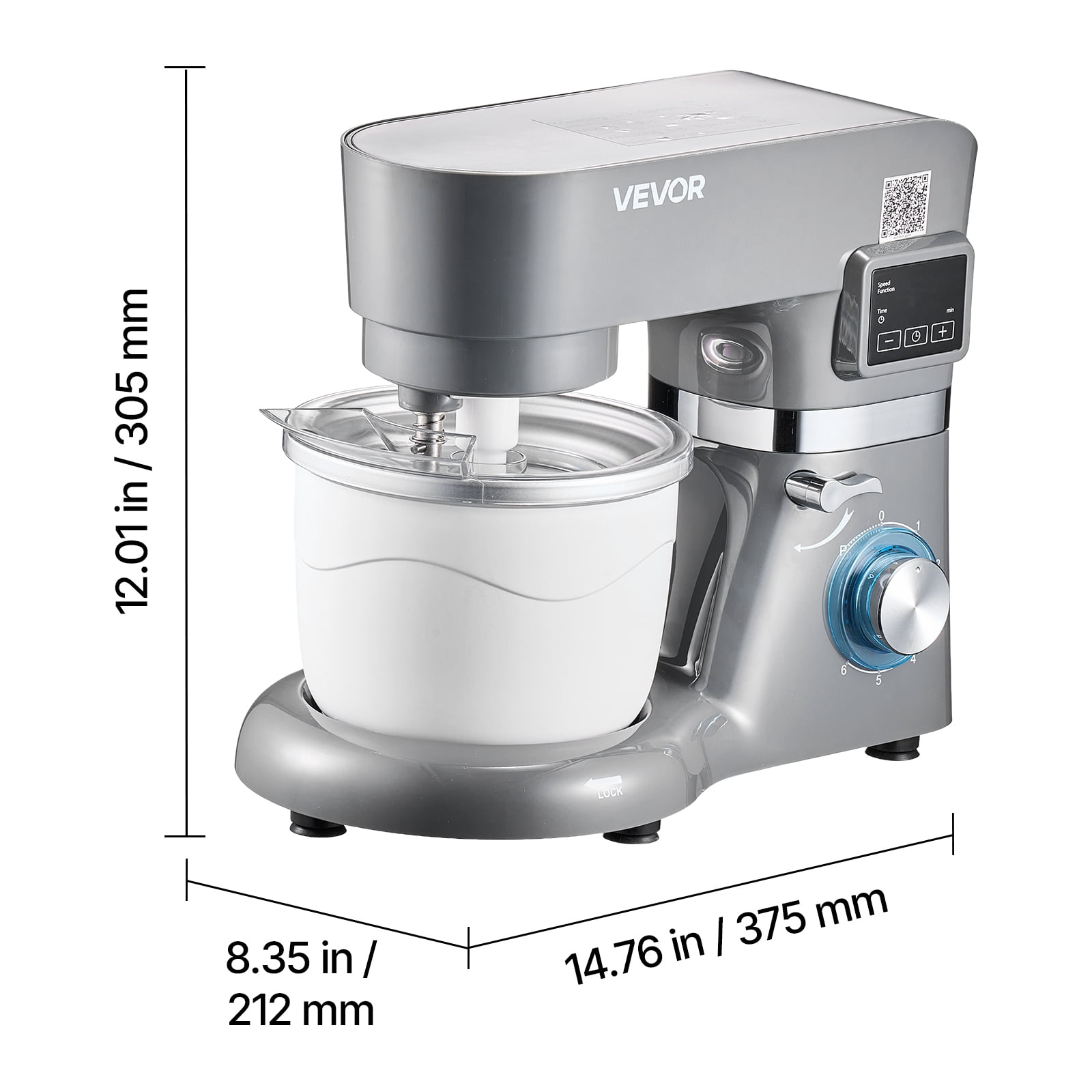 VEVOR Ice Cream Maker, 1.8 Qt. Capacity, 6-Speed Electric Stand Mixer, with LED Digital Display & Timer, Mixing Paddle, Dough Hook, Splash Guard, for Homemade Frozen Yogurt Fruit Sorbet Gelato, Grey