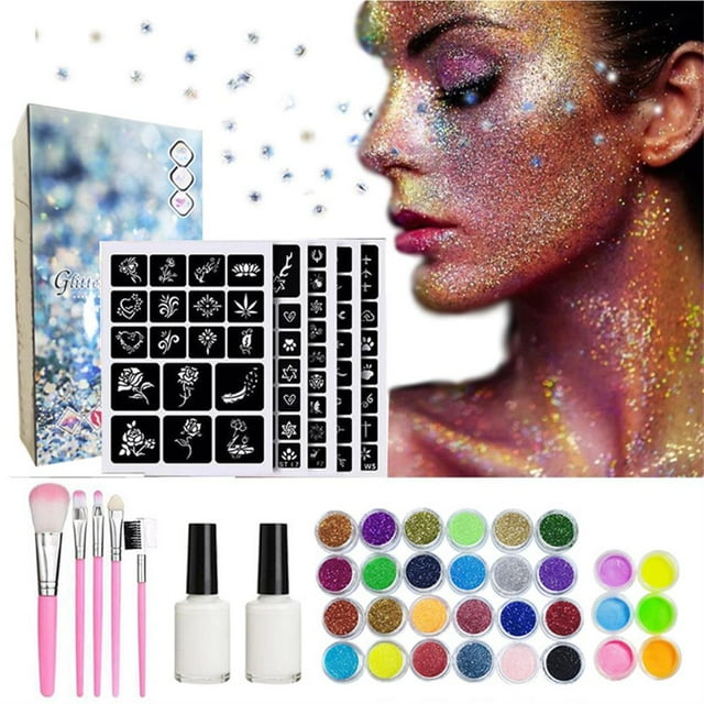 Thinsony Christmas Glitter Tattoo Kits Template Flash Rhinestone Glitter Shine Flash Powder Temporary Tattoo Set Face Body Painting Art Tools Type 2