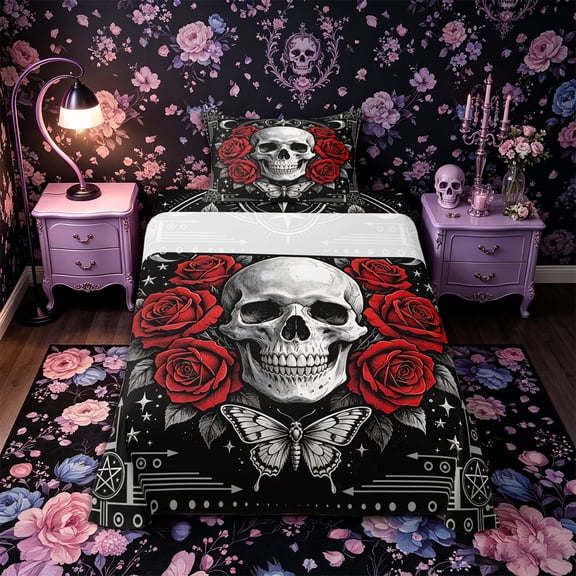 Castle Fairy Gothic Rose Skull Twin Sheets 3pcs,Boho Stars Crescent Butterfly Bedding,Ivory Red Black,1 Fitted Sheet,1 Flat Sheet and 1 Pillowcase