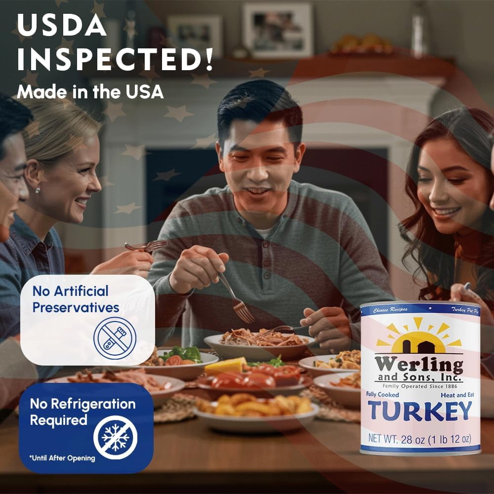 Werling & Sons Canned Turkey 28 oz – Fully Cooked, Heat & Eat | Recipe-Ready Canned Meat for Quick Meals, Camping, Emergency Food Supply & Survival | Shelf-Stable | Pack of 6