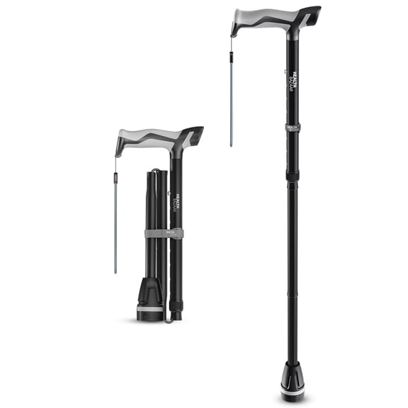 Healthbazaar Walking Cane with All-Terrain Shock-Absorbing Folding Adjustable Lightweight Heavy-Duty 350 lb Support,Black