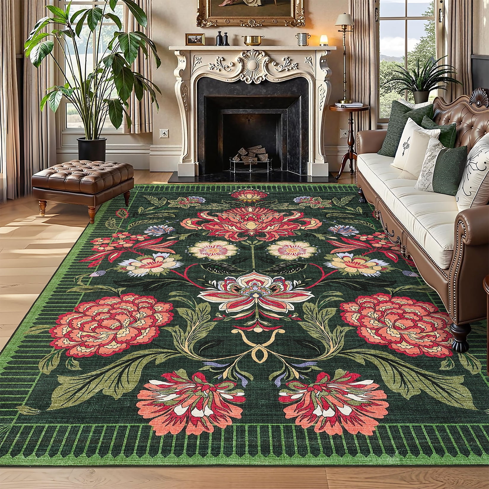 Hasoo Green Washable Area Rugs 9' x 12' Rug for Living Room Floral Modern Non Slip Throw Indoor Carpet