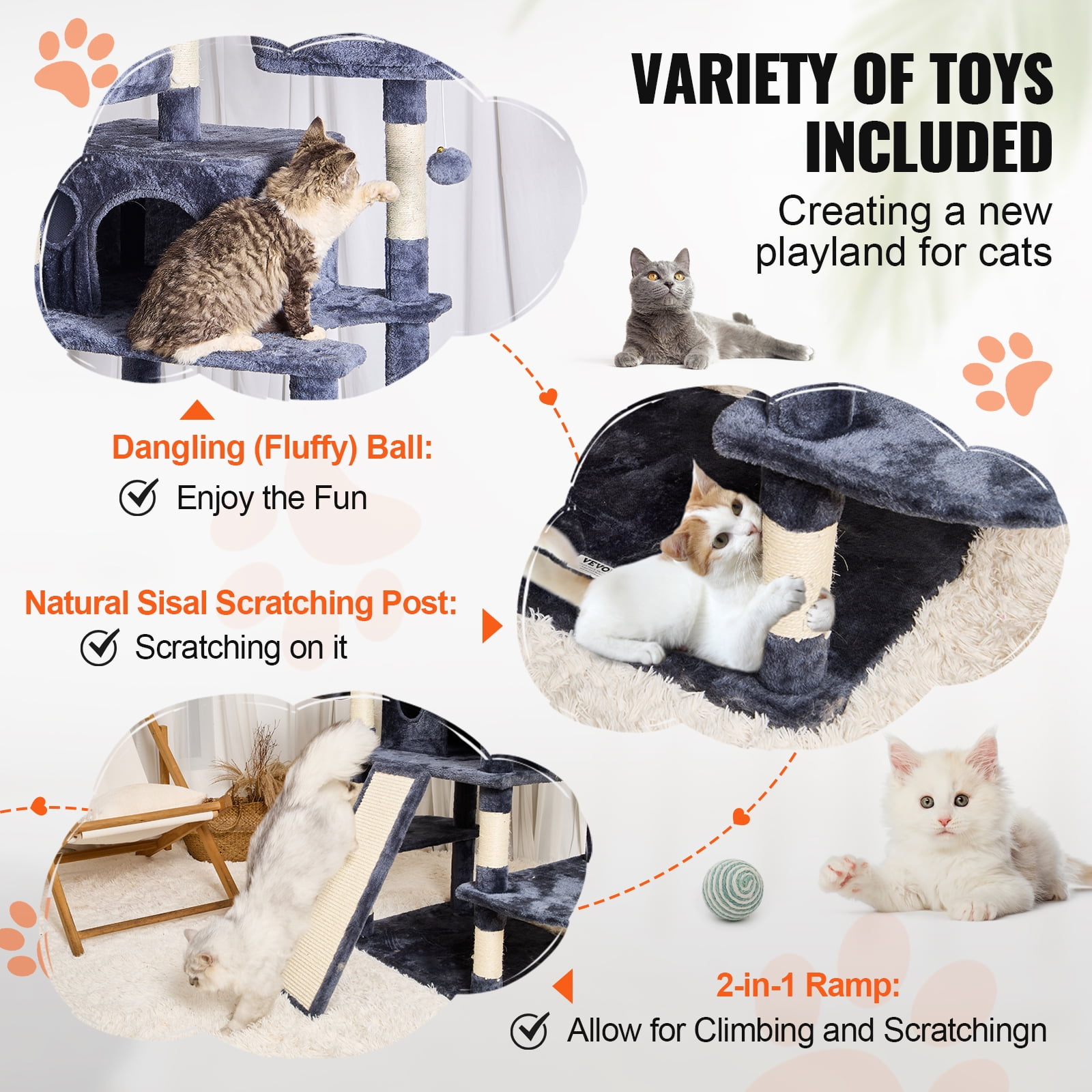 KFFKFF Cat Tree Tower 68.5" Indoor Cat Climbing Frame, Multi-Level Playhouse, Indoor Cat Playground with Dual Condos, Sisal Posts, Hammocks, Activity Platforms, Ramp, Play Balls (Dark Grey)